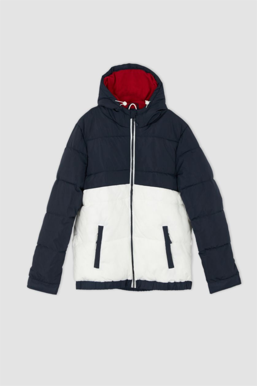 Erkek Lacivert Rüzgar Geçirmez Su İtici Slim Fit Kapüşonlu Suni Kürklü Mont