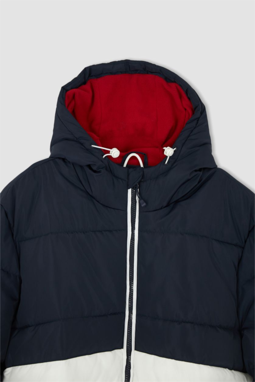 Erkek Lacivert Rüzgar Geçirmez Su İtici Slim Fit Kapüşonlu Suni Kürklü Mont