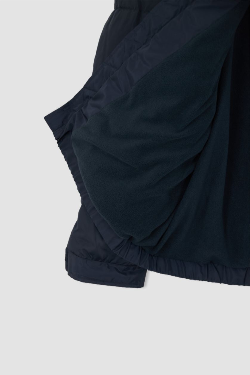 Erkek Lacivert Rüzgar Geçirmez Su İtici Slim Fit Kapüşonlu Suni Kürklü Mont