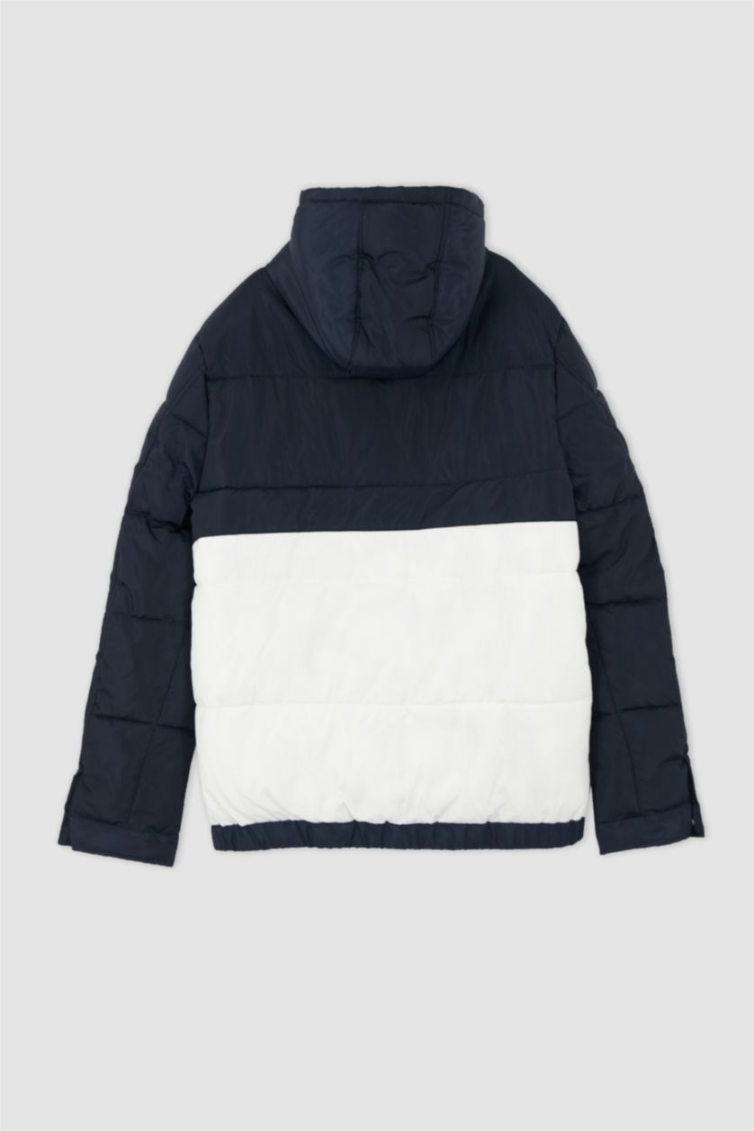 Erkek Lacivert Rüzgar Geçirmez Su İtici Slim Fit Kapüşonlu Suni Kürklü Mont