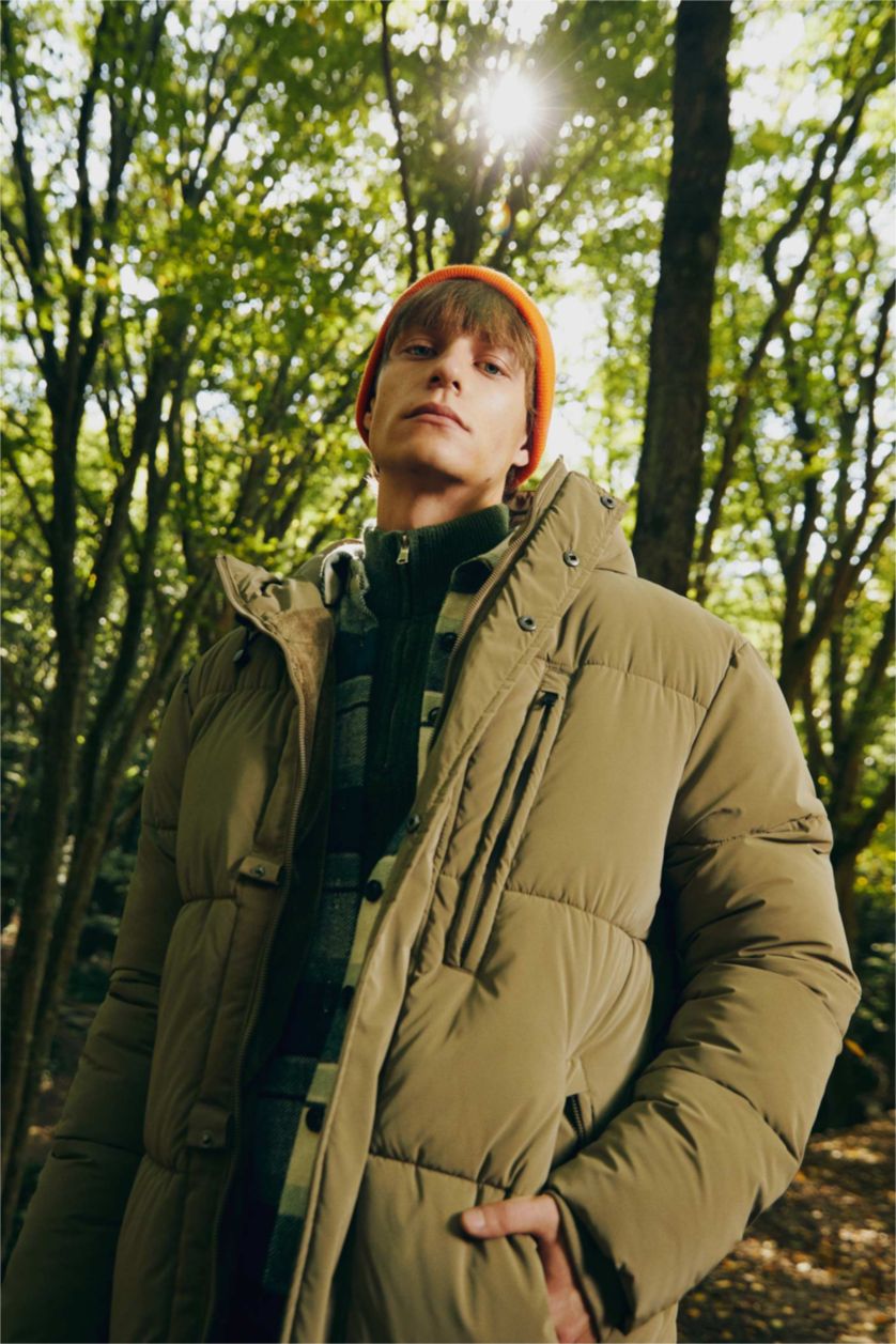 Erkek Haki Regular Fit Kapüşonlu Rüzgar Geçirmez Puffer Şişme Mont