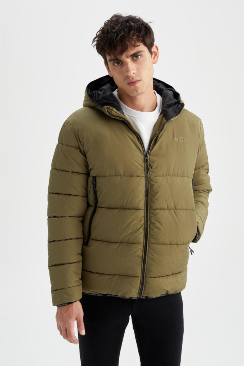Erkek Haki Regular Fit Kapüşonlu Rüzgar Geçirmez Puffer Şişme Mont