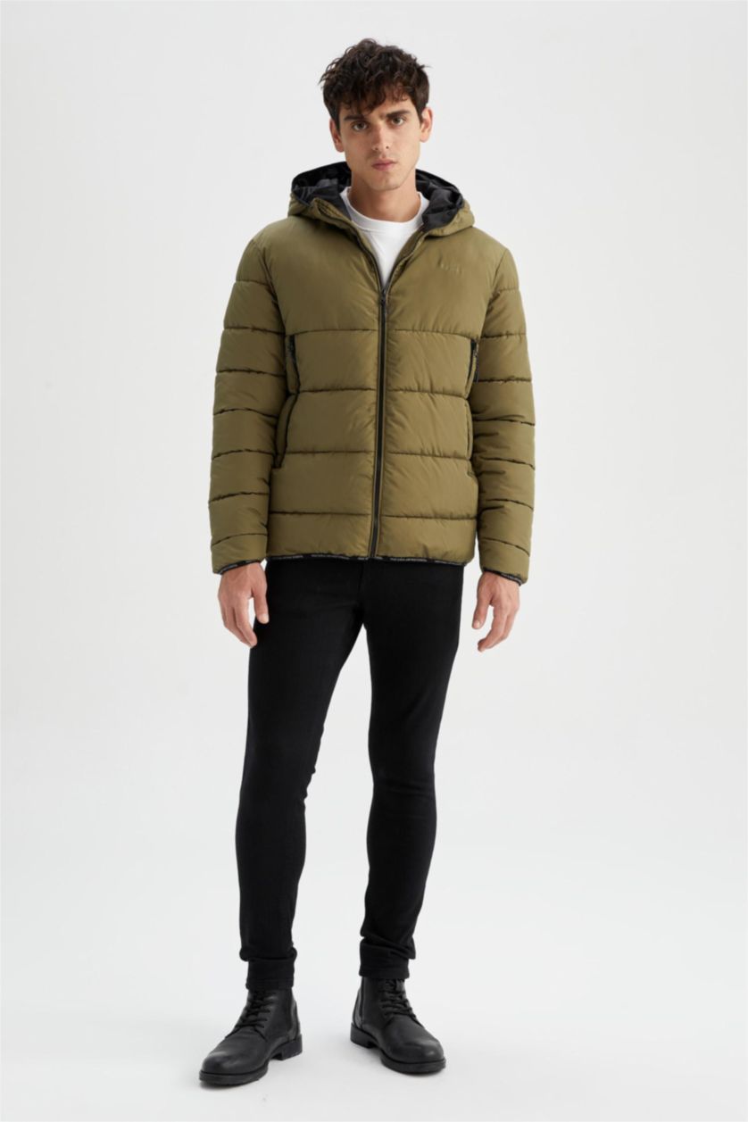 Erkek Haki Regular Fit Kapüşonlu Rüzgar Geçirmez Puffer Şişme Mont