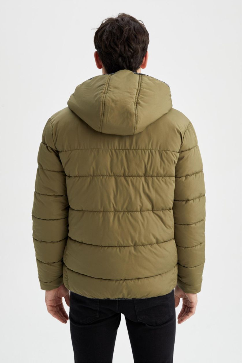 Erkek Haki Regular Fit Kapüşonlu Rüzgar Geçirmez Puffer Şişme Mont