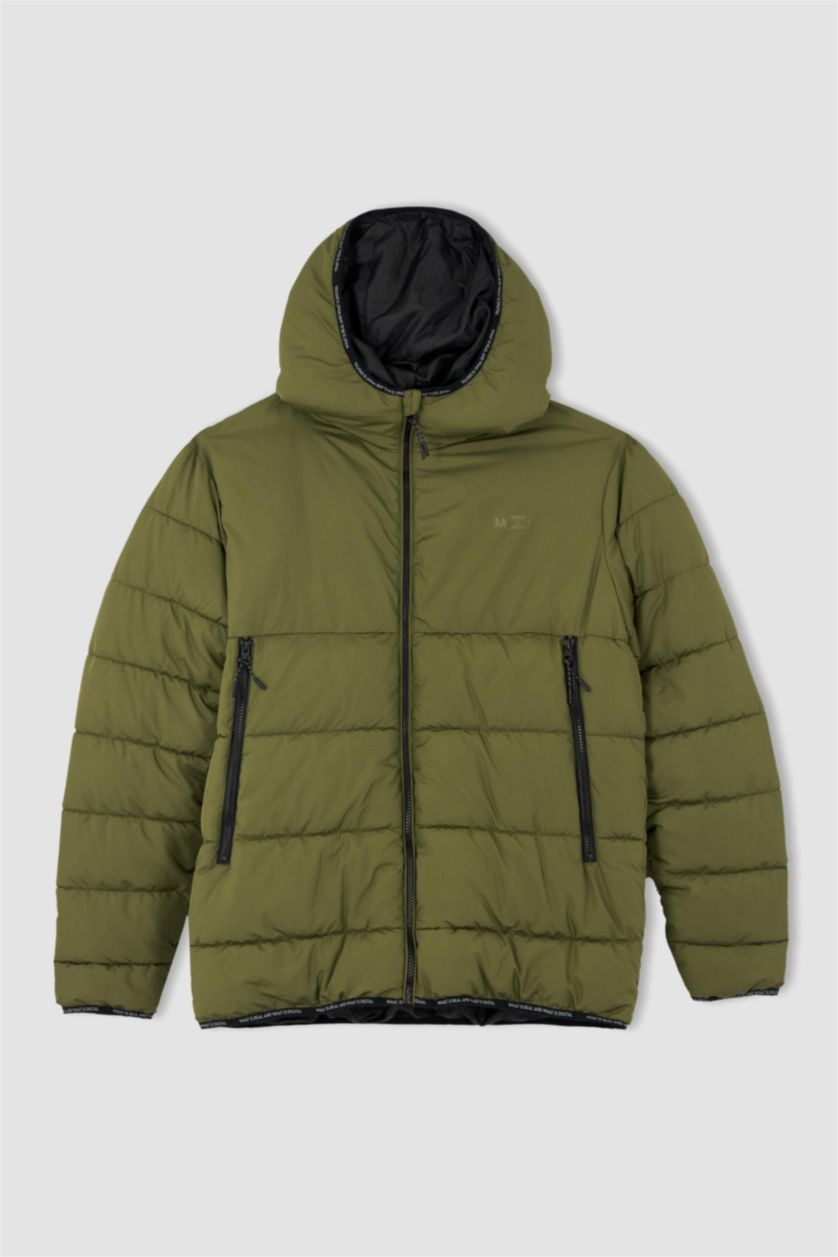 Erkek Haki Regular Fit Kapüşonlu Rüzgar Geçirmez Puffer Şişme Mont