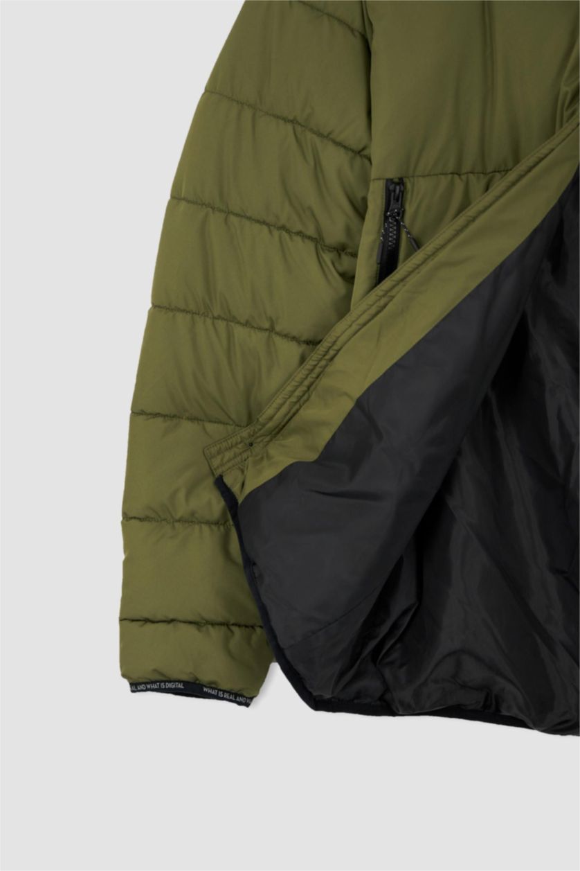 Erkek Haki Regular Fit Kapüşonlu Rüzgar Geçirmez Puffer Şişme Mont