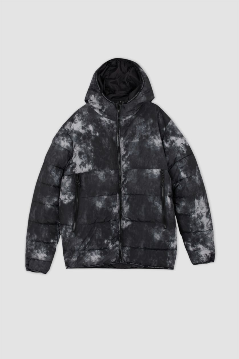 Erkek Antrasit Rüzgar Geçirmez Su itici Kapüşonlu Geri Dönüşümlü Batik Desenli Mont