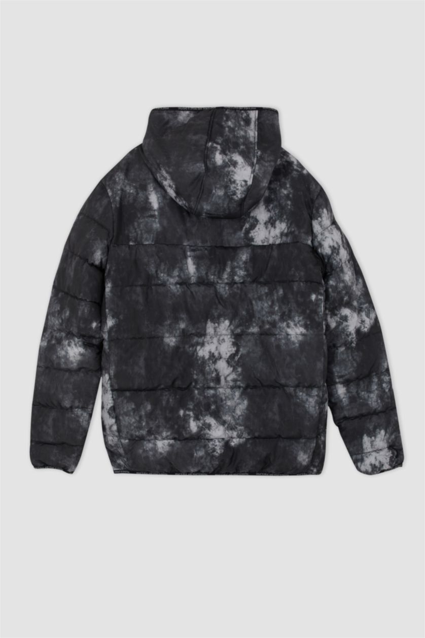 Erkek Antrasit Rüzgar Geçirmez Su itici Kapüşonlu Geri Dönüşümlü Batik Desenli Mont