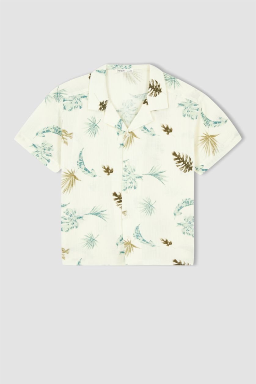 GARÇONS Écru Chemise à manches courtes en popeline à col polo et coupe standard pour garçon