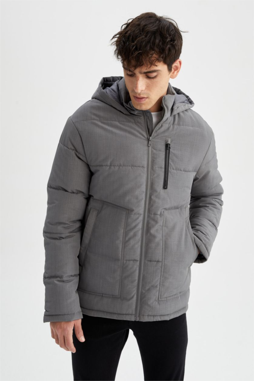 Erkek Koyu Gri Melange Su Geçirmez Rüzgar Geçirmez Slim Fit Kapüşonlu Mont