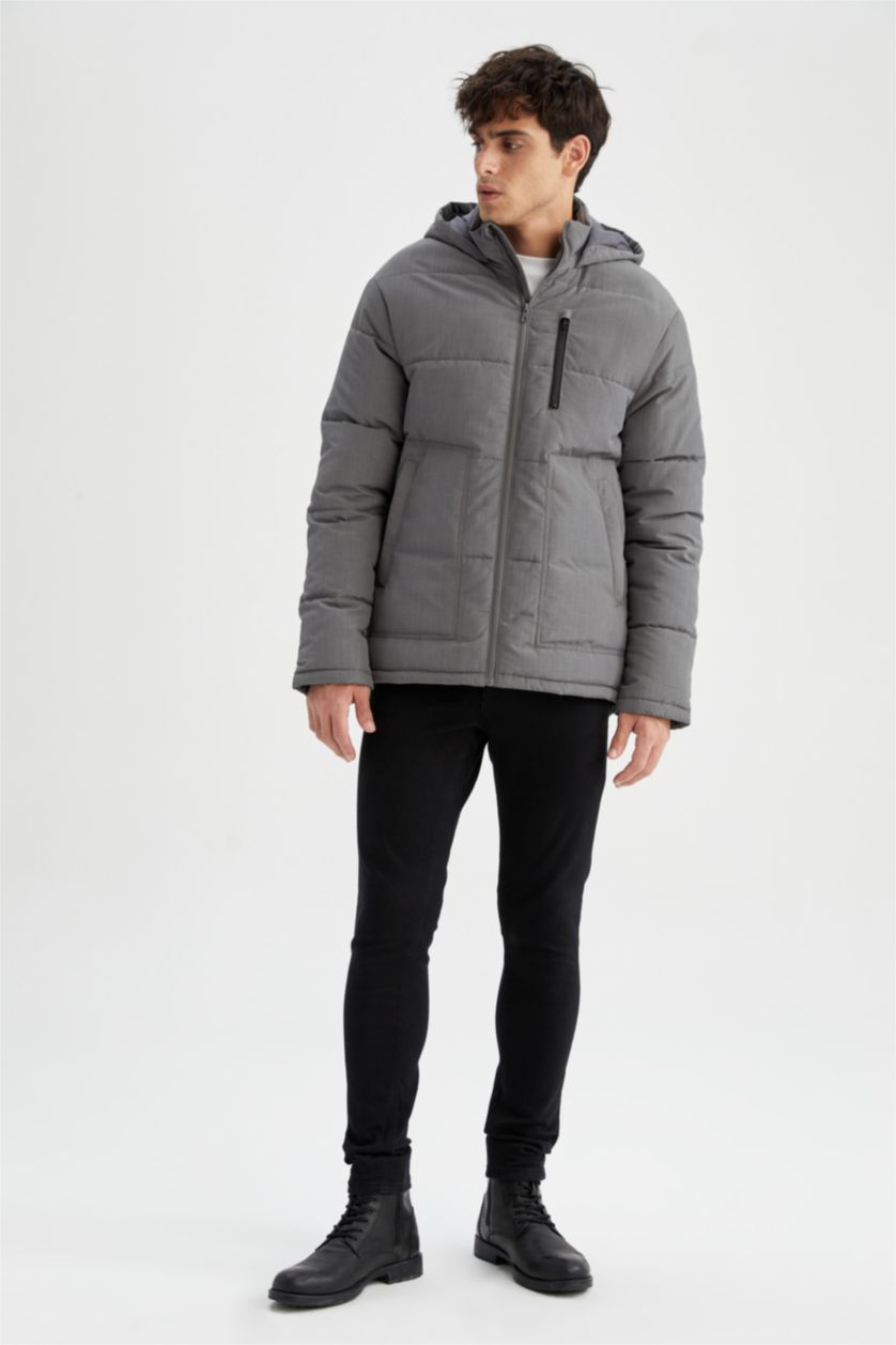 Erkek Koyu Gri Melange Su Geçirmez Rüzgar Geçirmez Slim Fit Kapüşonlu Mont