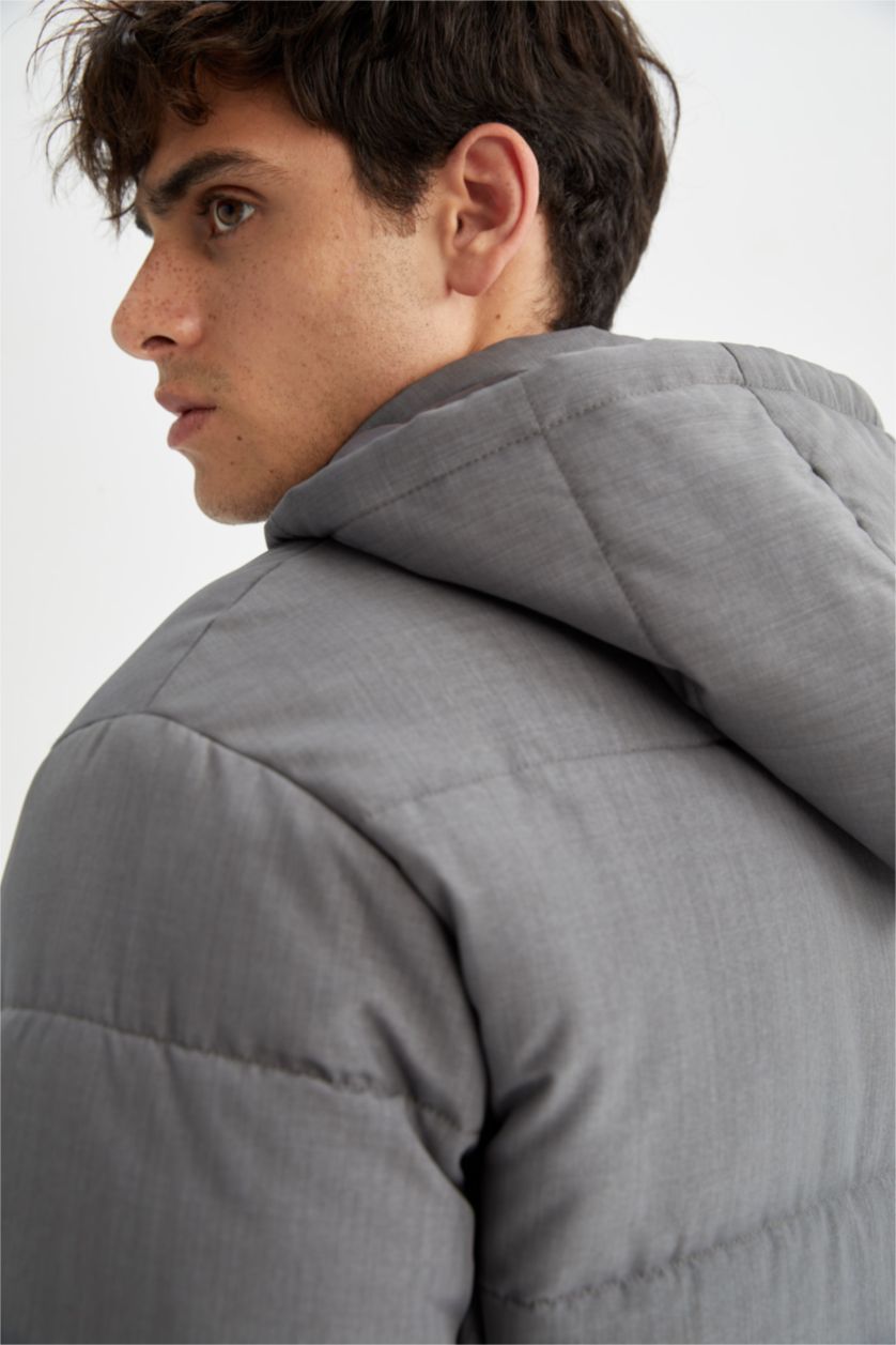 Erkek Koyu Gri Melange Su Geçirmez Rüzgar Geçirmez Slim Fit Kapüşonlu Mont