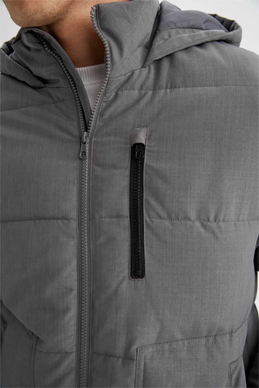 Erkek Koyu Gri Melange Su Geçirmez Rüzgar Geçirmez Slim Fit Kapüşonlu Mont