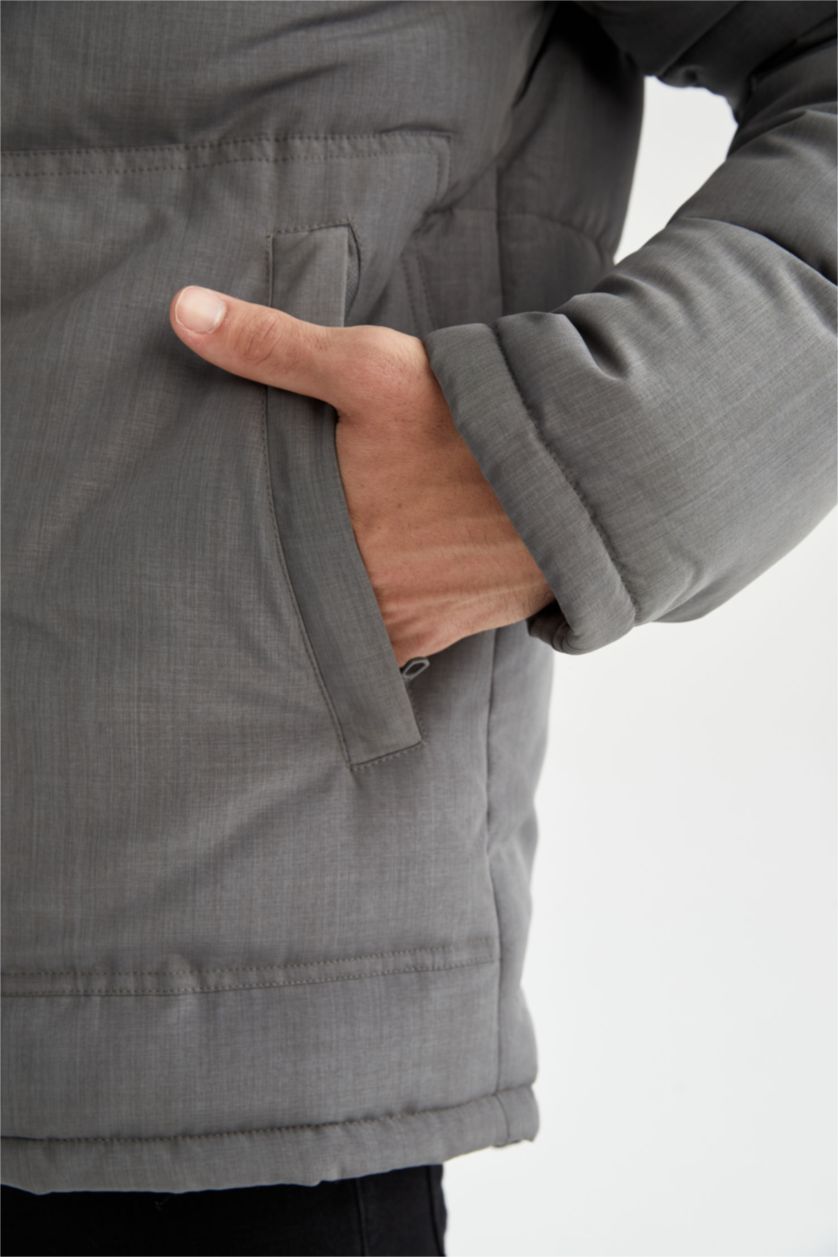 Erkek Koyu Gri Melange Su Geçirmez Rüzgar Geçirmez Slim Fit Kapüşonlu Mont