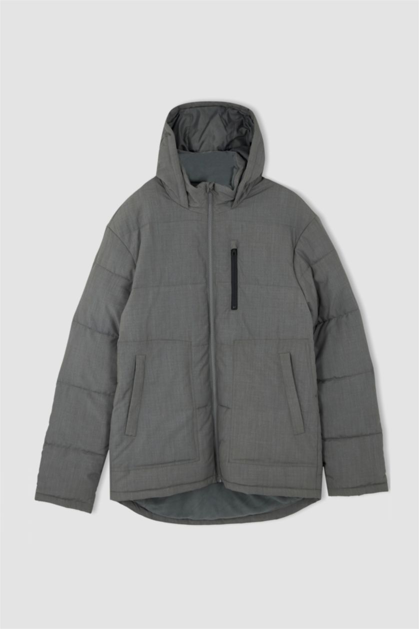 Erkek Koyu Gri Melange Su Geçirmez Rüzgar Geçirmez Slim Fit Kapüşonlu Mont