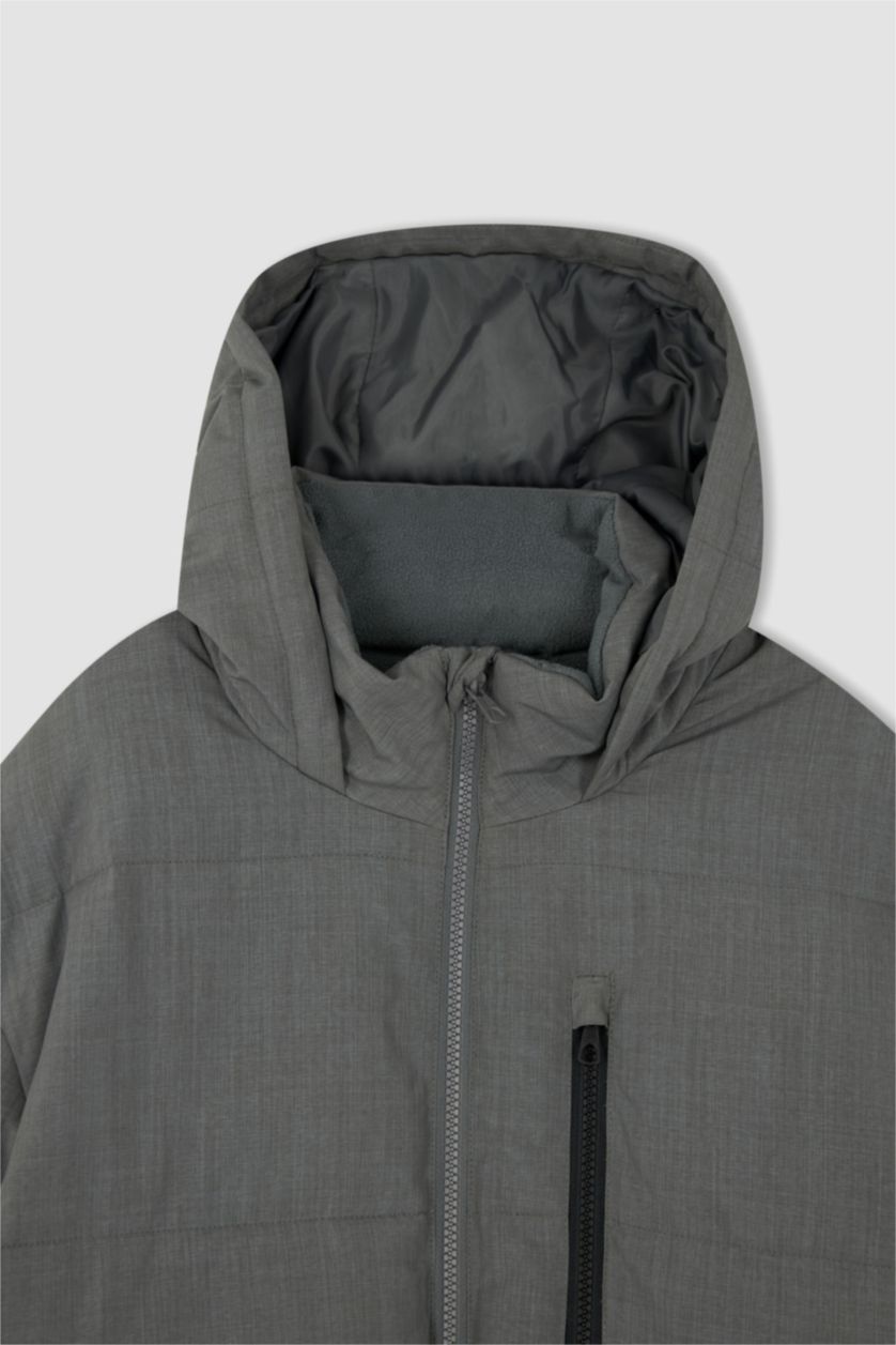 Erkek Koyu Gri Melange Su Geçirmez Rüzgar Geçirmez Slim Fit Kapüşonlu Mont