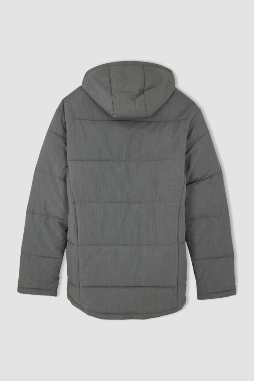 Erkek Koyu Gri Melange Su Geçirmez Rüzgar Geçirmez Slim Fit Kapüşonlu Mont