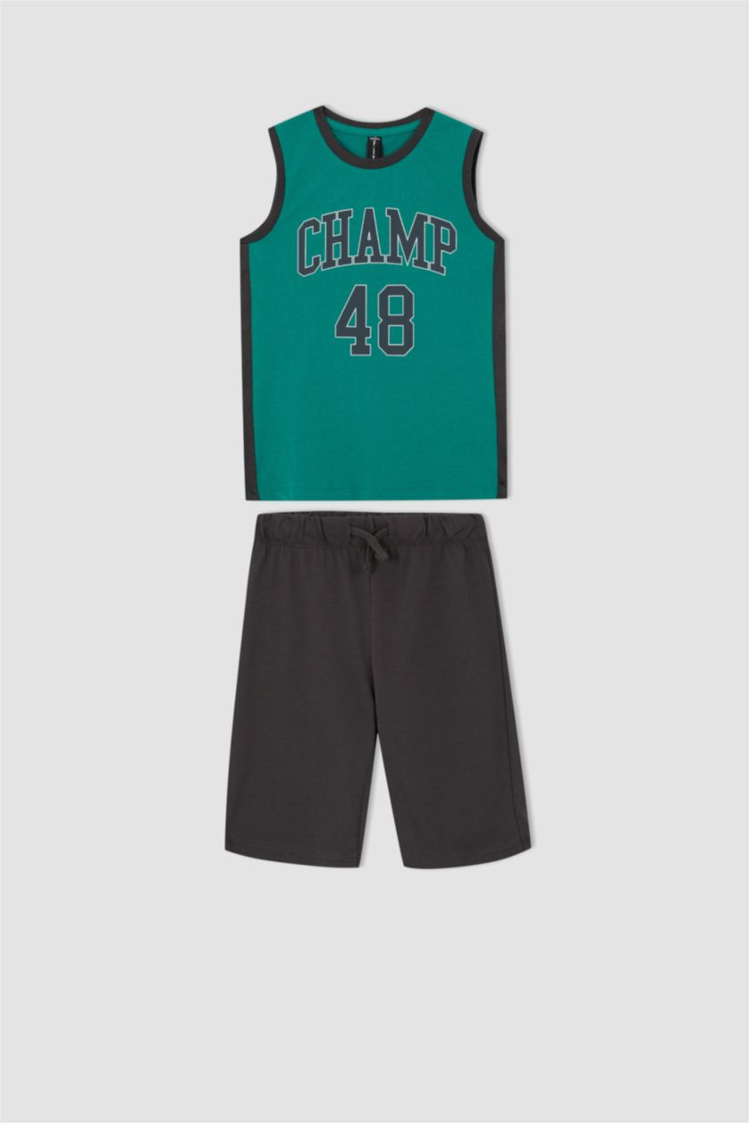 أولاد أخضر طقم ولادي شورت وتي شيرت قطن بدون أكمام - قطعتين