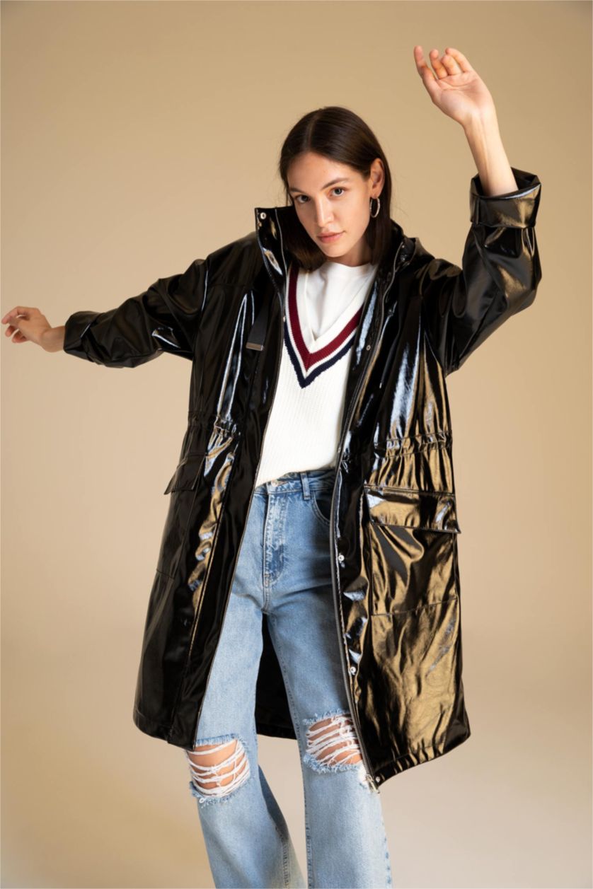 WOMAN Black Relax Fit Faux Leather Raincoat