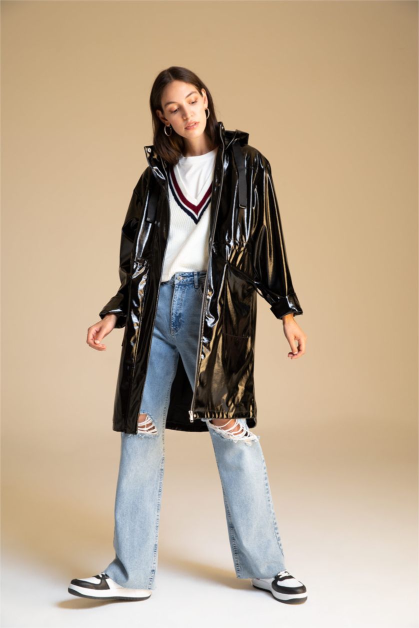 WOMAN Black Relax Fit Faux Leather Raincoat