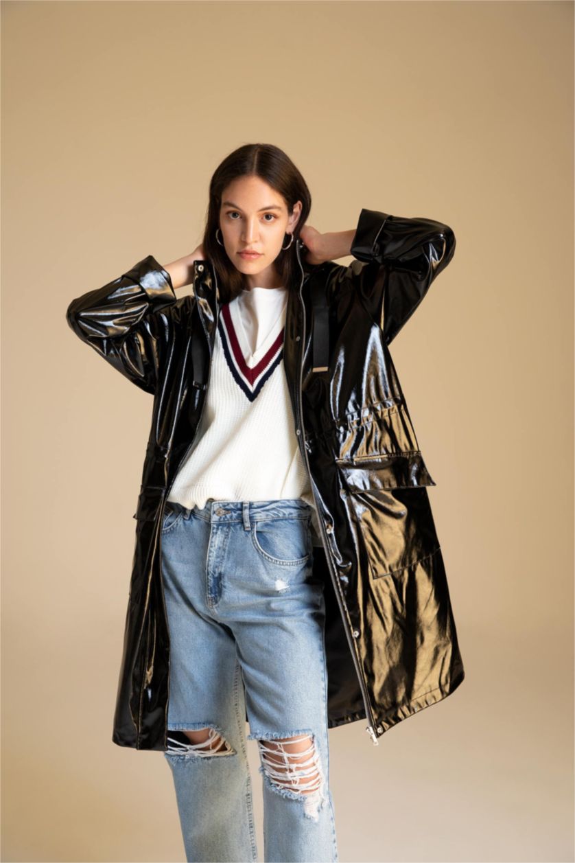 WOMAN Black Relax Fit Faux Leather Raincoat