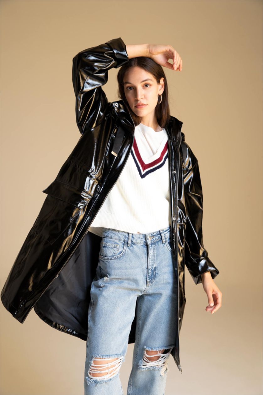 WOMAN Black Relax Fit Faux Leather Raincoat