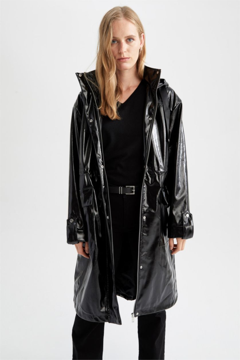 WOMAN Black Relax Fit Faux Leather Raincoat