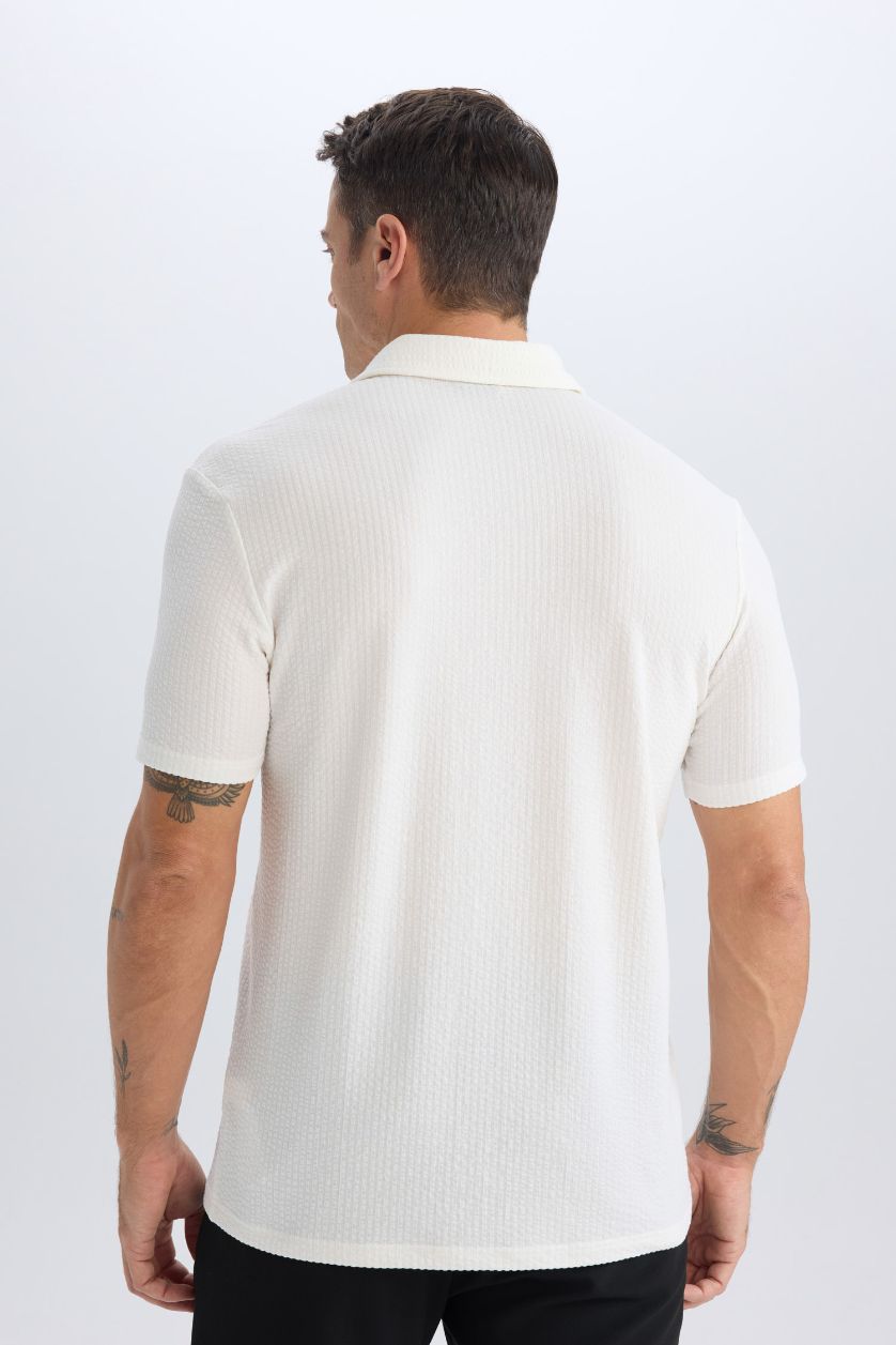 Erkek Kırık Beyaz Slim Fit Dar Kesim Polo Yaka Pamuklu Kısa Kollu Tişört