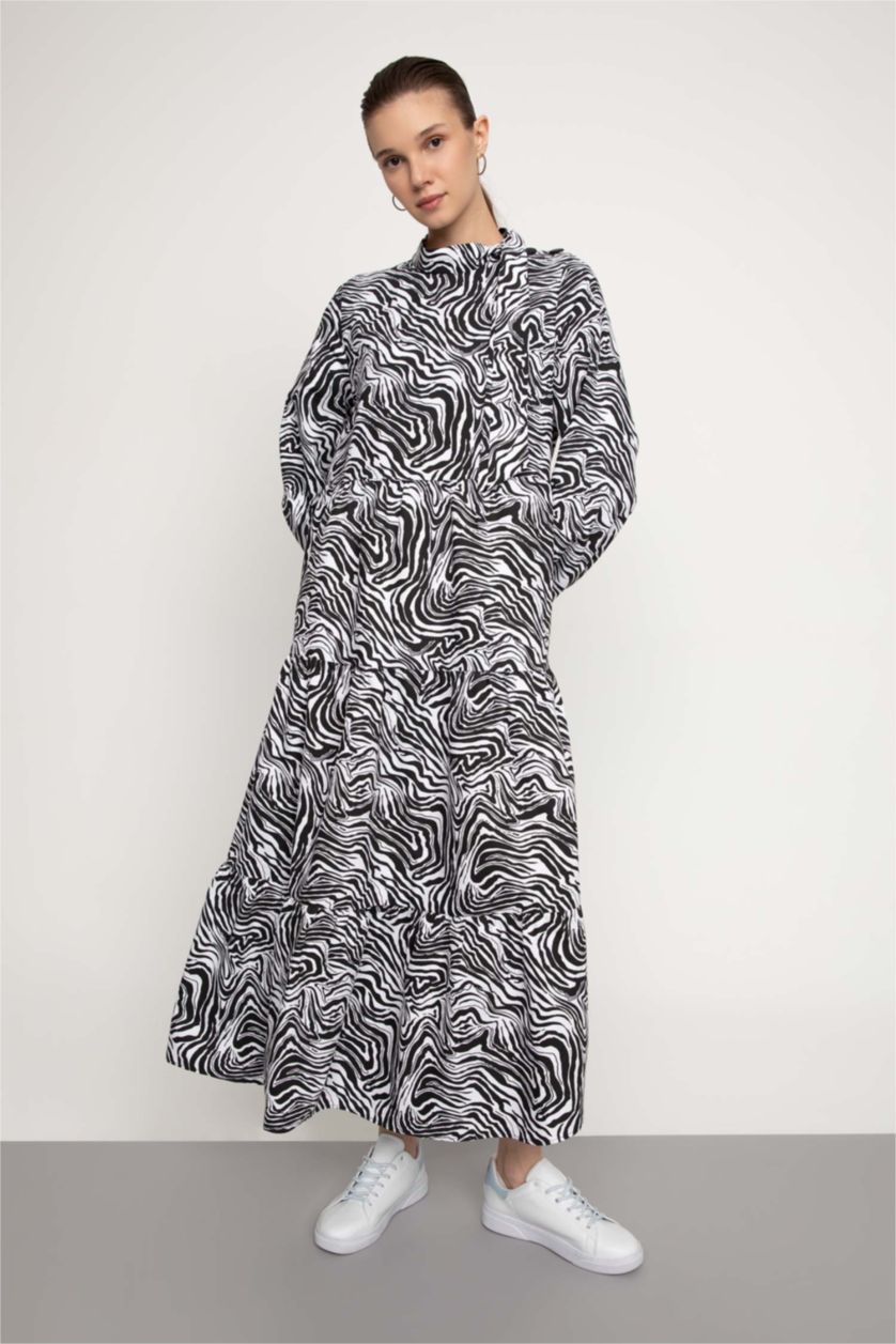 FEMME Écru Robe Tissée À Manches Longues Popeline Imprimé Col montant