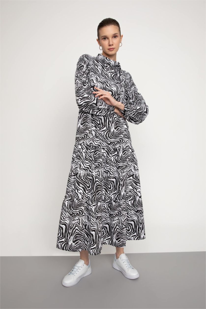 FEMME Écru Robe Tissée À Manches Longues Popeline Imprimé Col montant