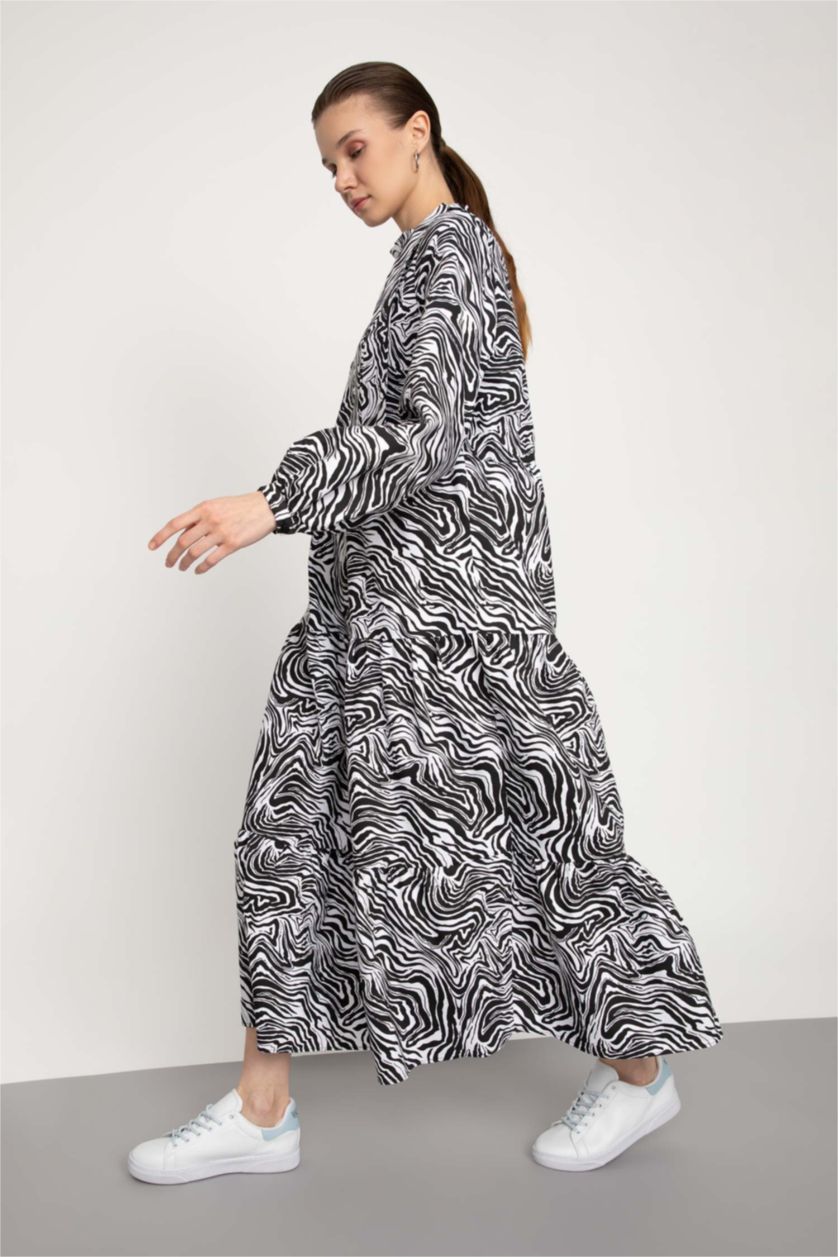 FEMME Écru Robe Tissée À Manches Longues Popeline Imprimé Col montant