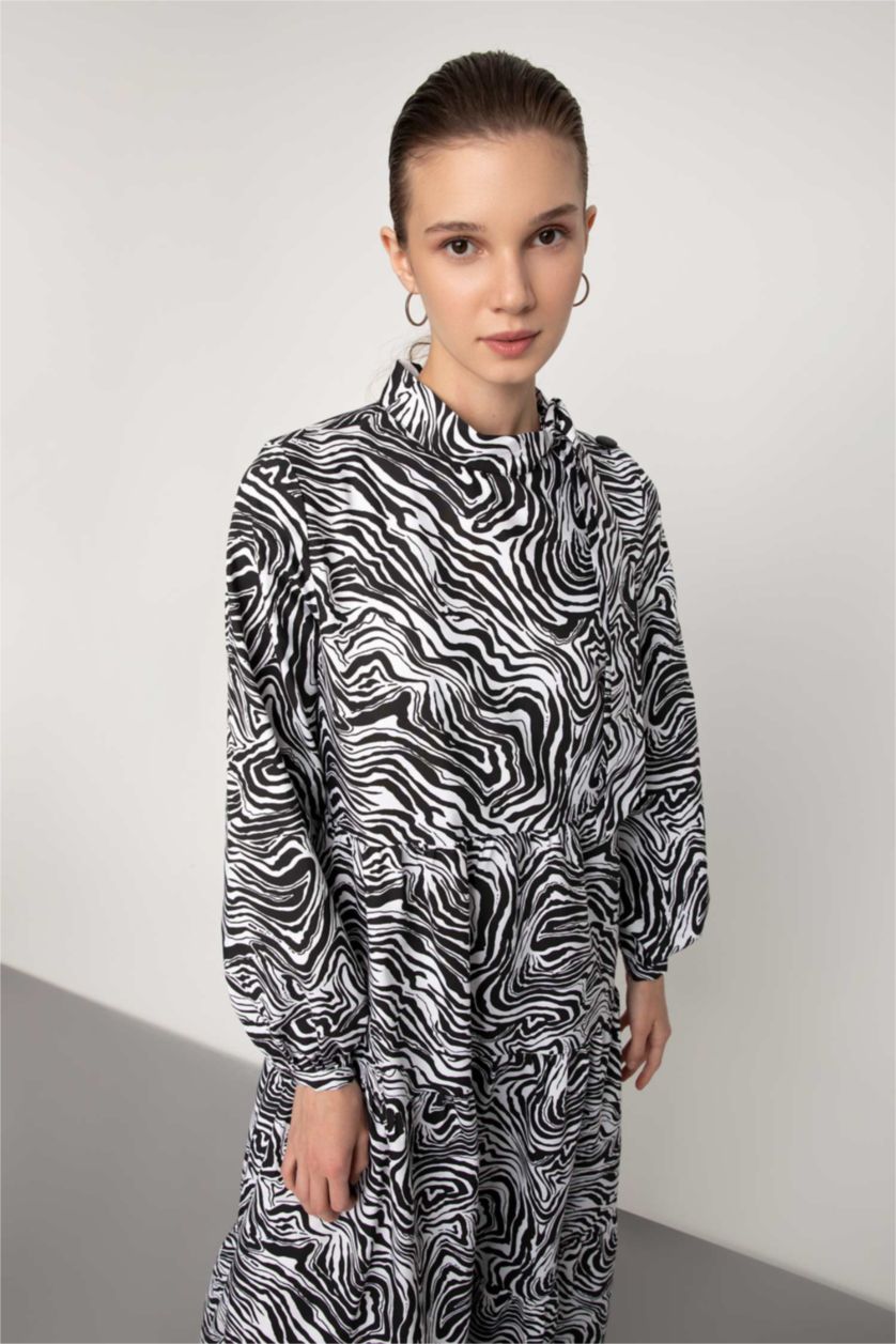 FEMME Écru Robe Tissée À Manches Longues Popeline Imprimé Col montant