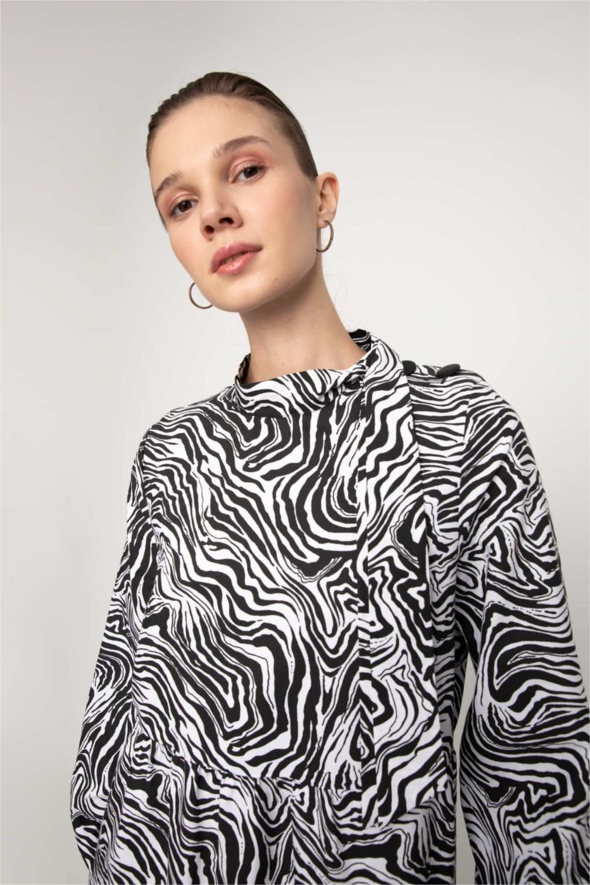 FEMME Écru Robe Tissée À Manches Longues Popeline Imprimé Col montant