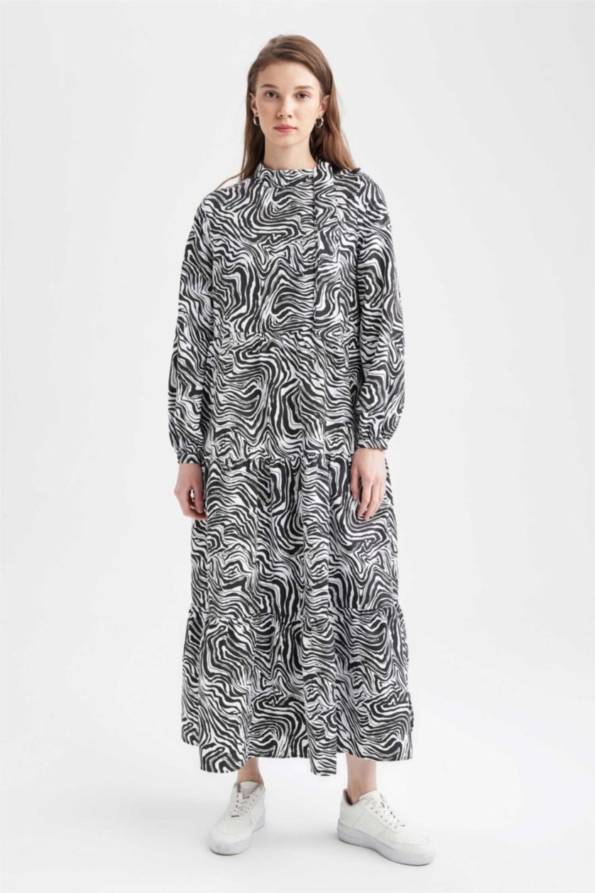 FEMME Écru Robe Tissée À Manches Longues Popeline Imprimé Col montant