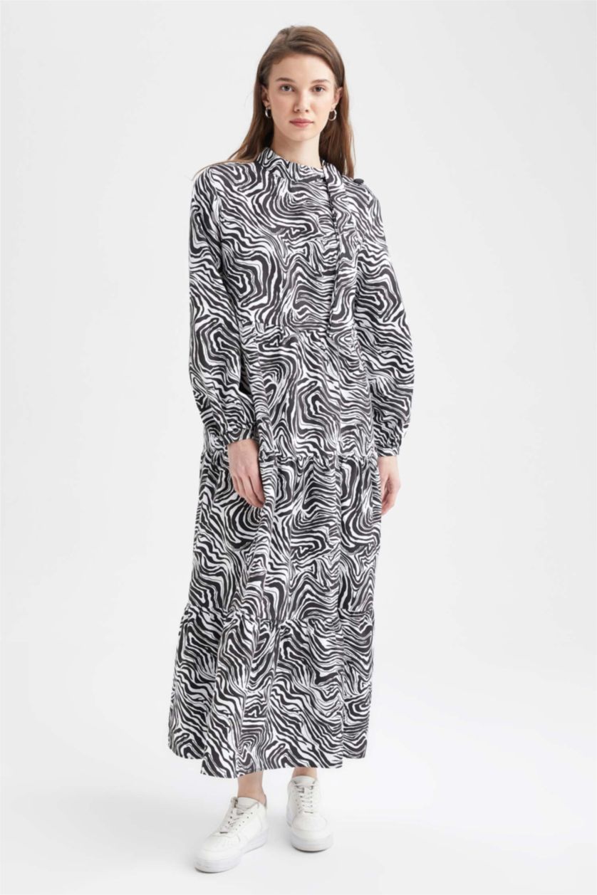 FEMME Écru Robe Tissée À Manches Longues Popeline Imprimé Col montant