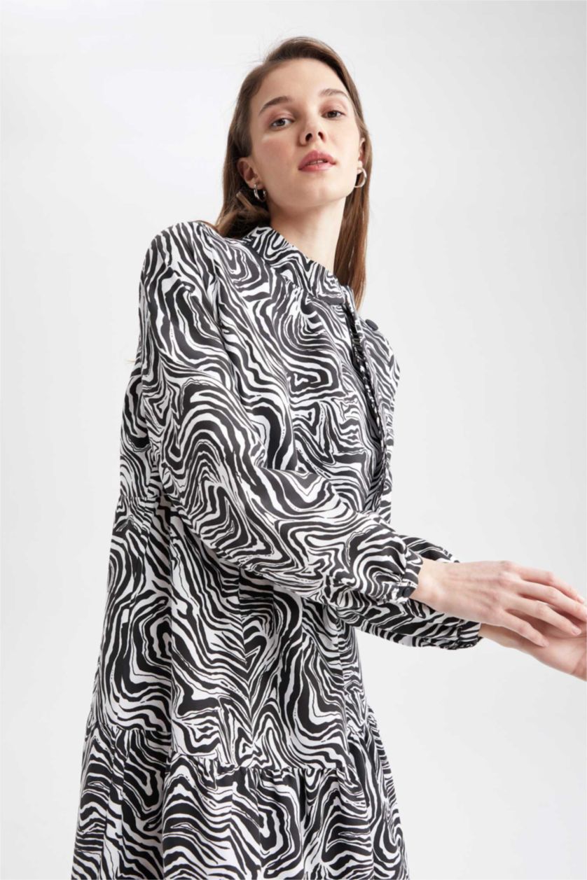 FEMME Écru Robe Tissée À Manches Longues Popeline Imprimé Col montant