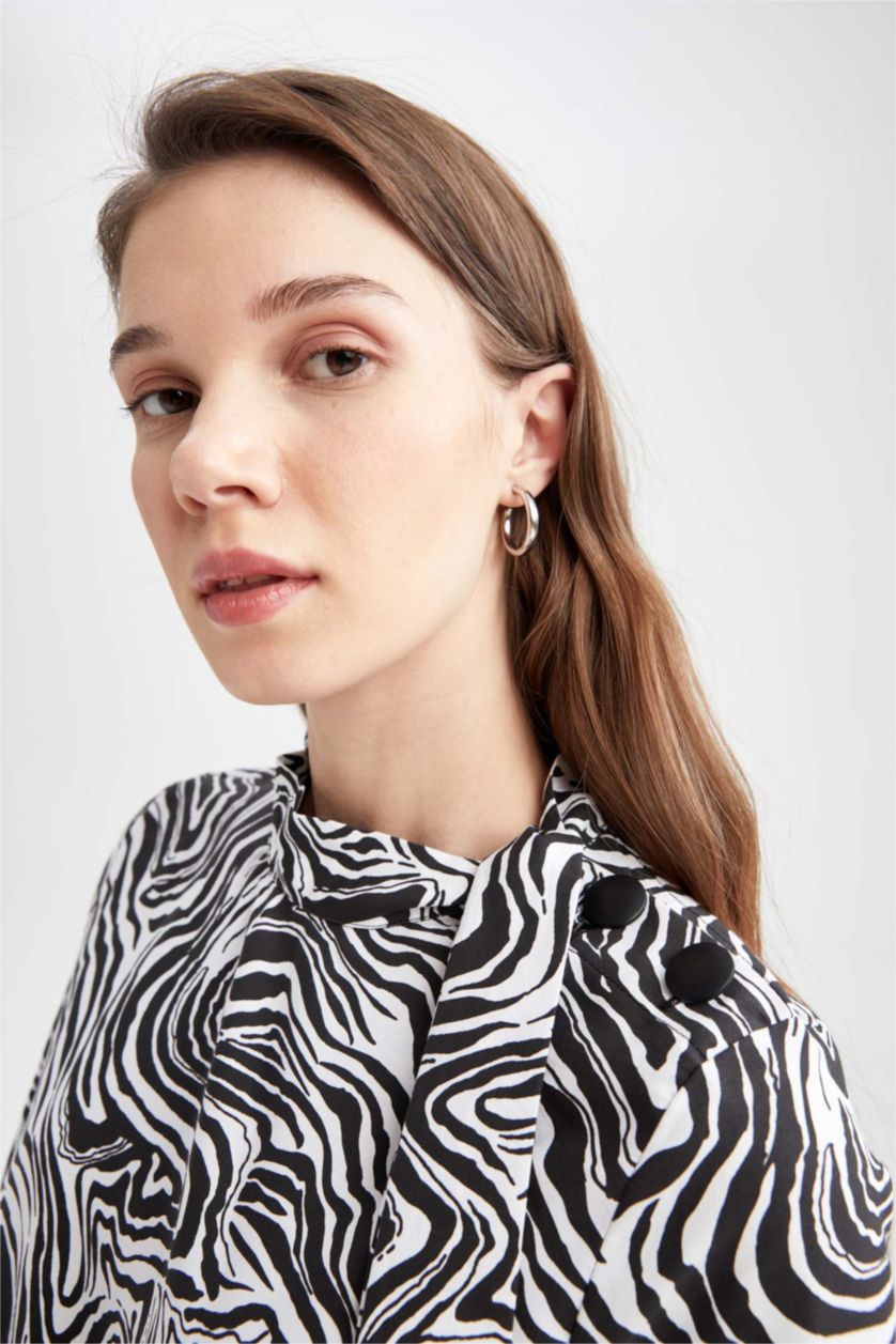 FEMME Écru Robe Tissée À Manches Longues Popeline Imprimé Col montant