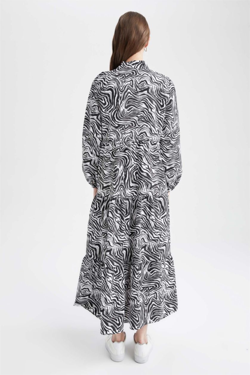 FEMME Écru Robe Tissée À Manches Longues Popeline Imprimé Col montant