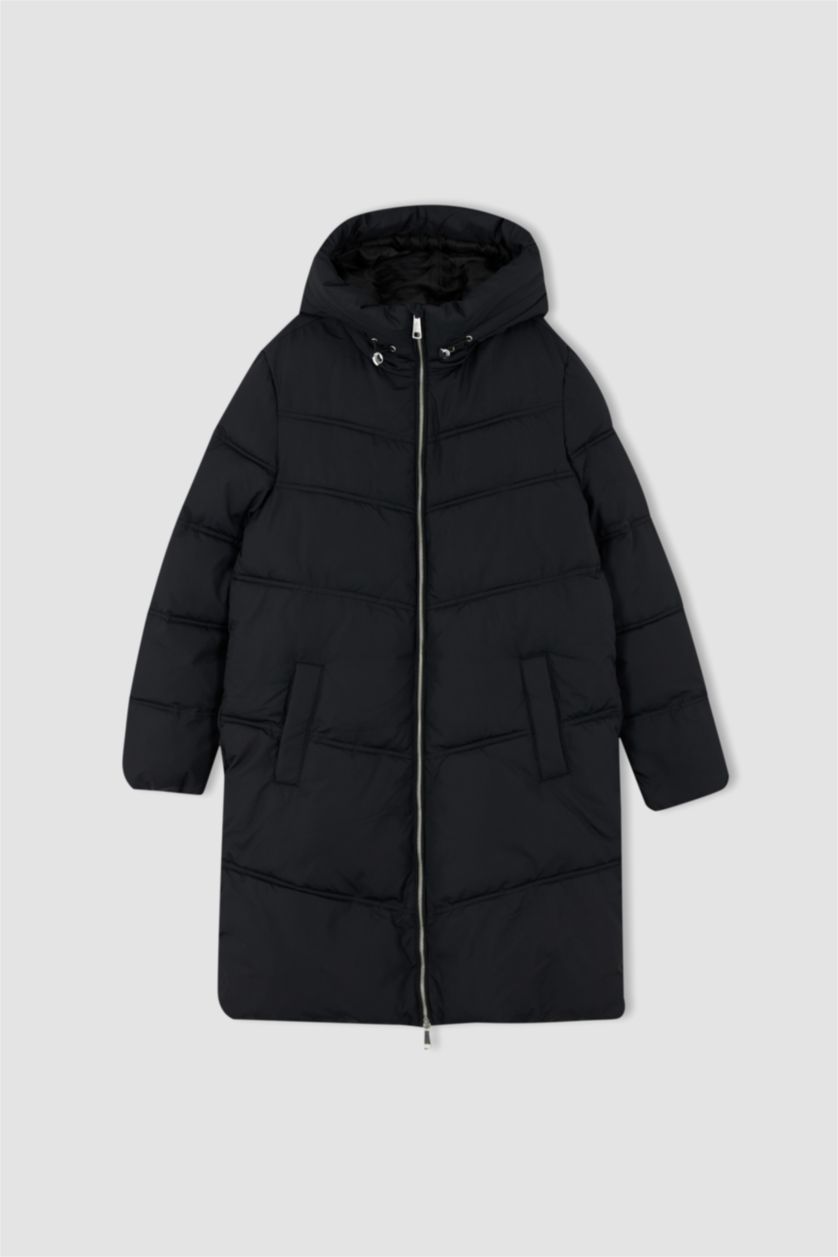 Kadın Siyah Relax Fıt Kapüşonlu Parka