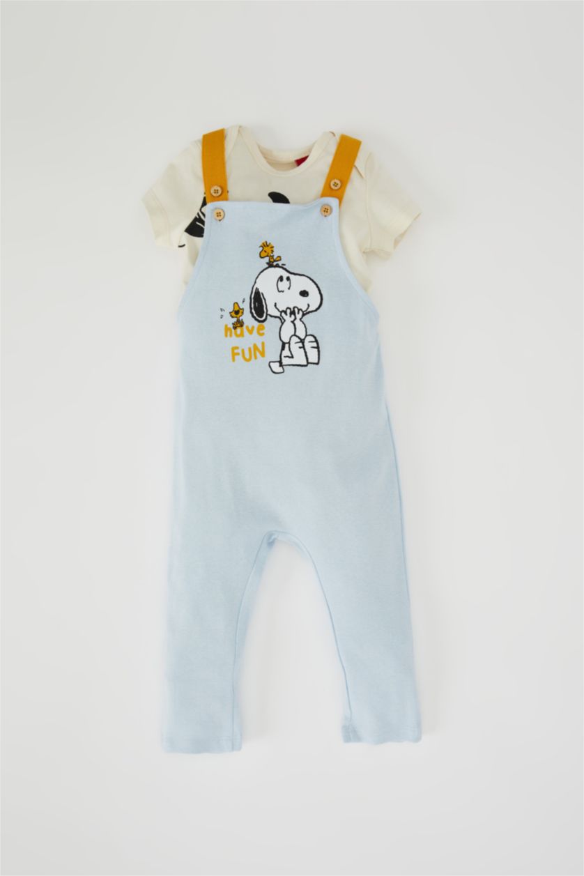 BABY BOY Light Beige Baby Boy Snoopy Licensed Short-Sleeved T-Shirt Ribana Salopet 2-Pack Set