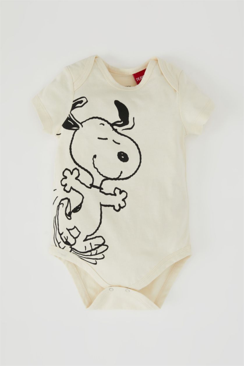 BABY BOY Light Beige Baby Boy Snoopy Licensed Short-Sleeved T-Shirt Ribana Salopet 2-Pack Set