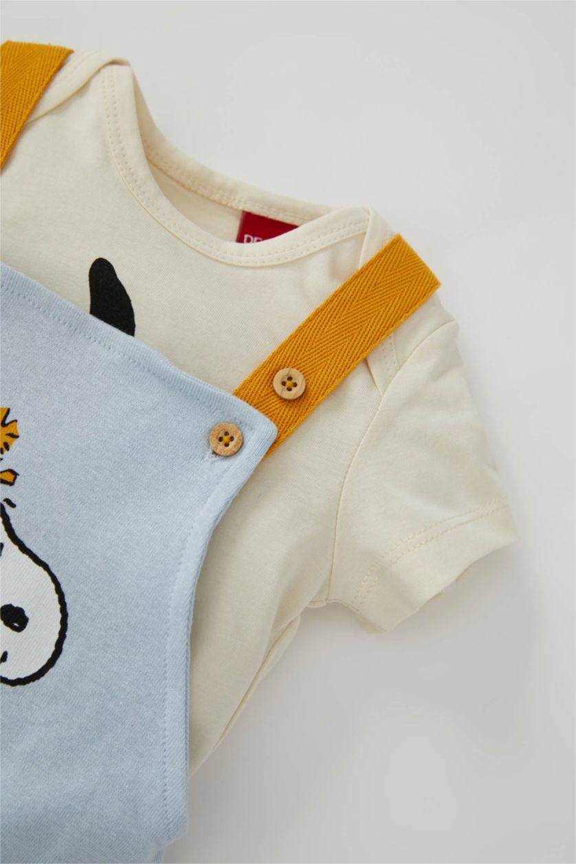 BABY BOY Light Beige Baby Boy Snoopy Licensed Short-Sleeved T-Shirt Ribana Salopet 2-Pack Set