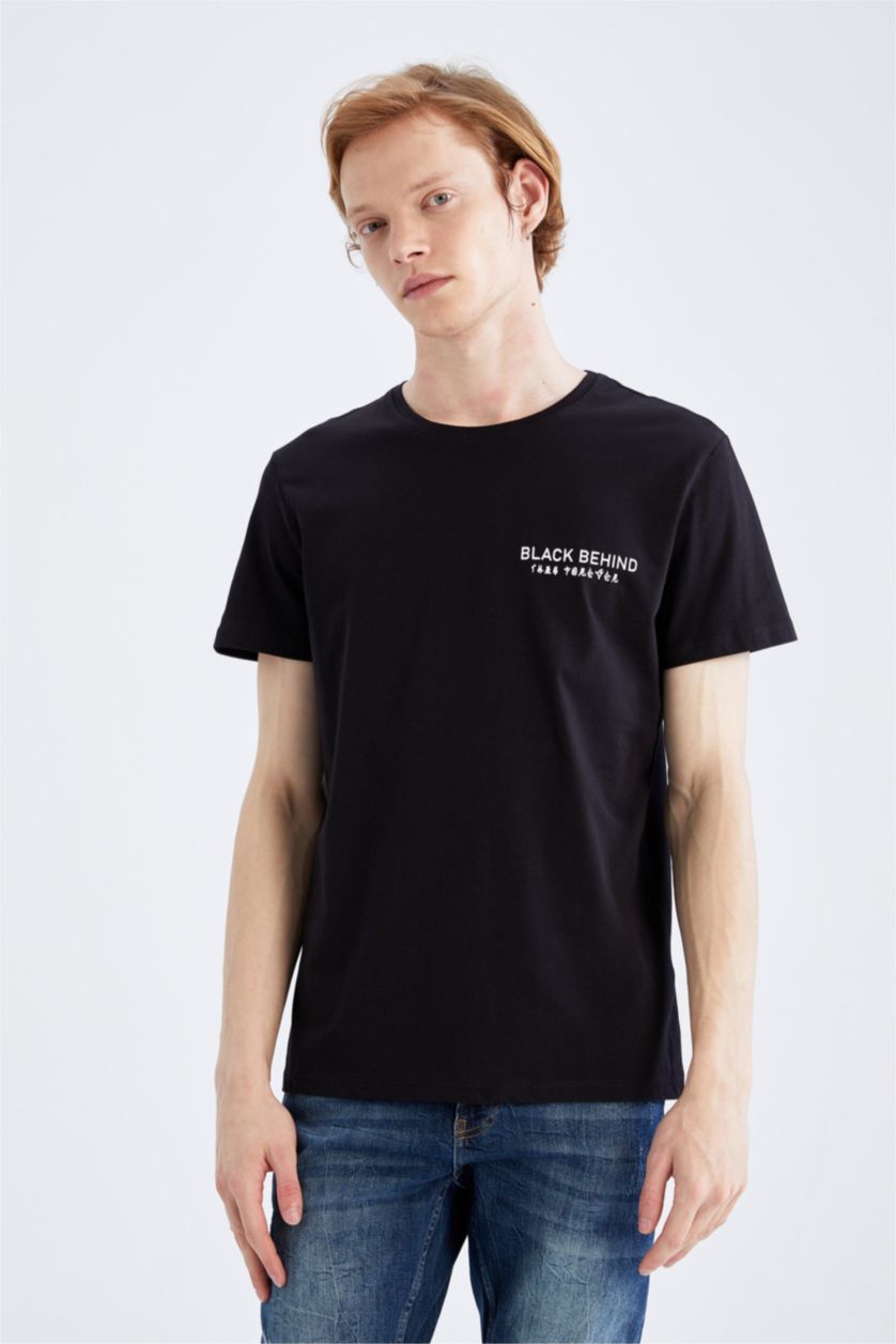 رجال أسود تي شيرت بقصة ضيقة نص كم مطبوعة برقبة مستديرة