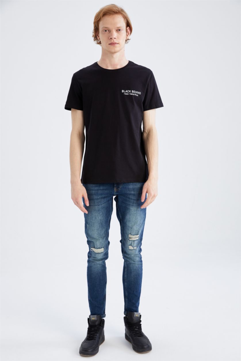 رجال أسود تي شيرت بقصة ضيقة نص كم مطبوعة برقبة مستديرة