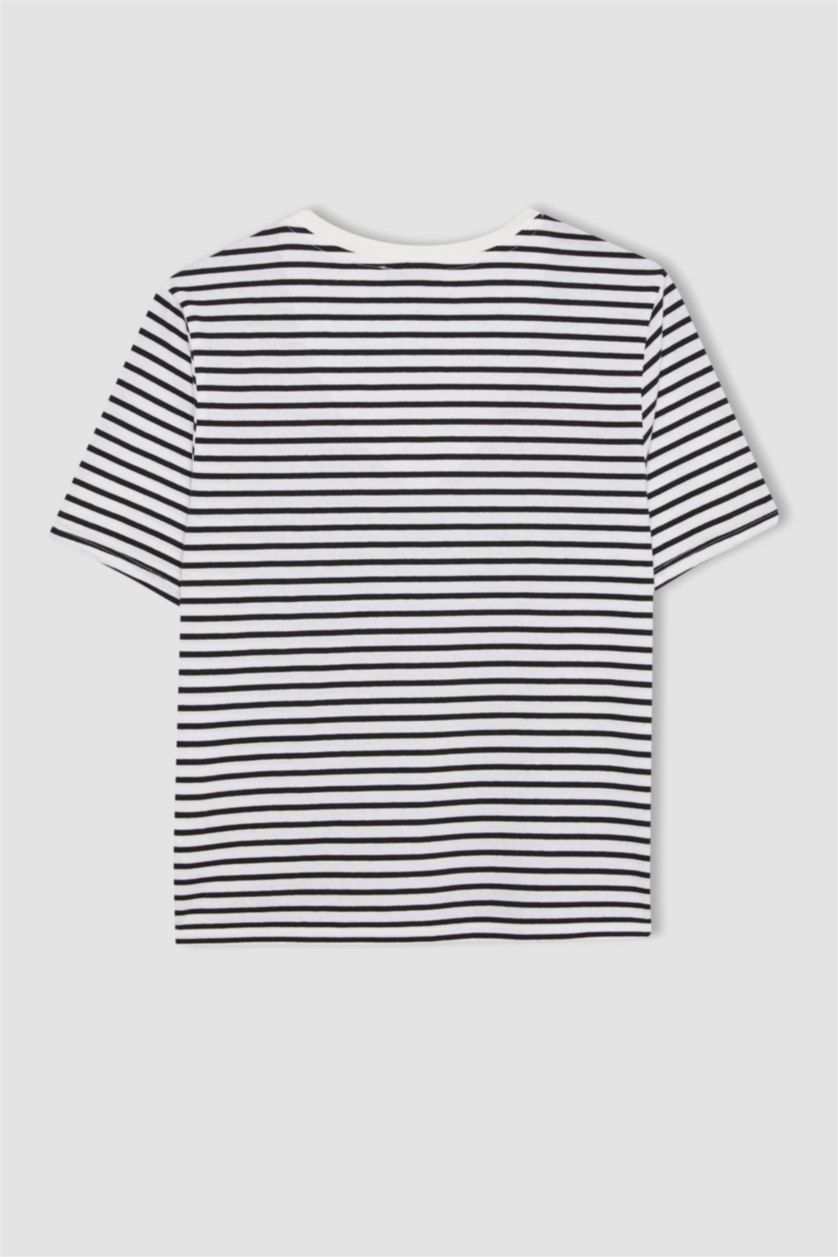Kadın Siyah Regular Fit V Yaka Çizgili Kısa Kollu Tişört