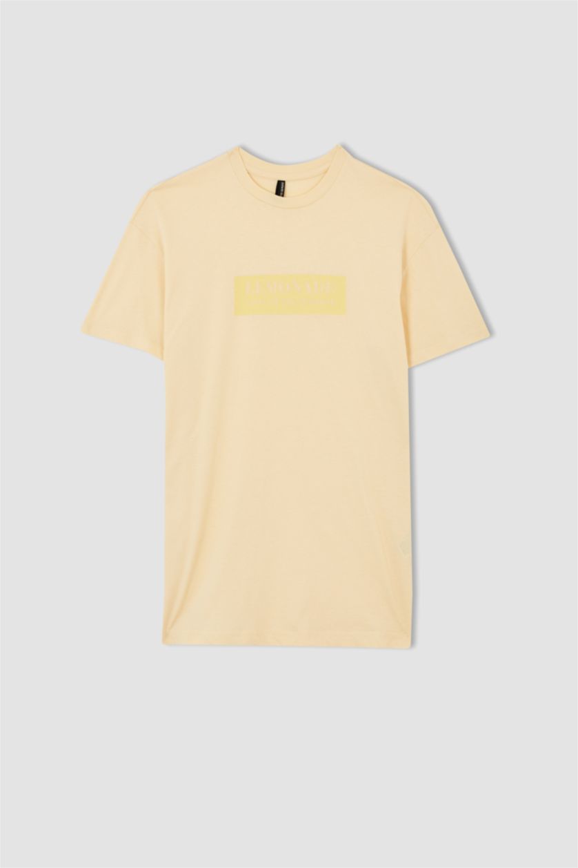 FEMME Jaune Clair Tunique t-shirt à manches courtes et Col rond à slogan imprimé Coupe régulière