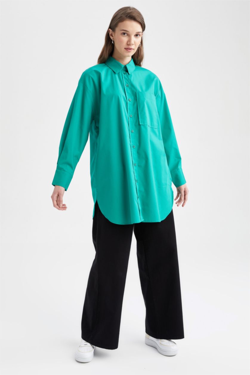 Женщины Зеленый Рубашка стандартного кроя с длинным рукавом из 100% хлопка