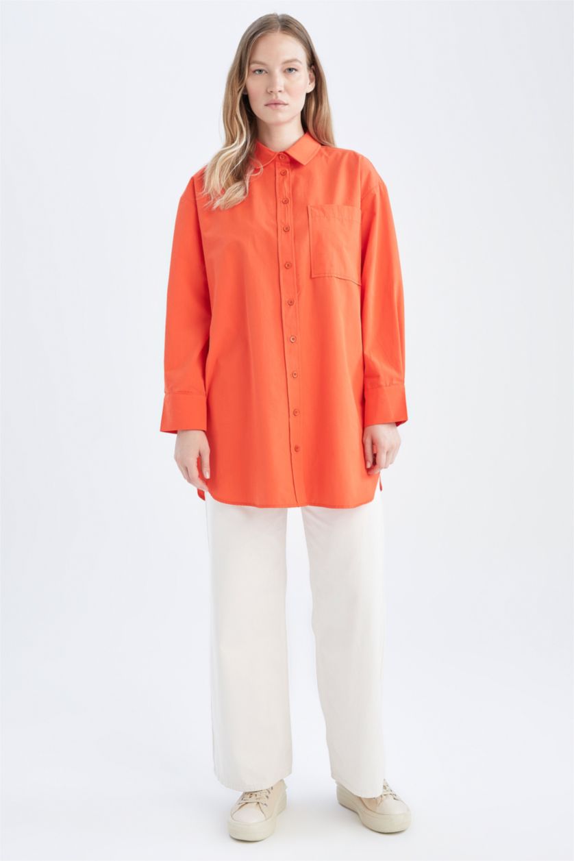 Жіночий Помаранчевий Туніка з довгим рукавом стандартного крою з коміром з довгим рукавом з попліну для жінок