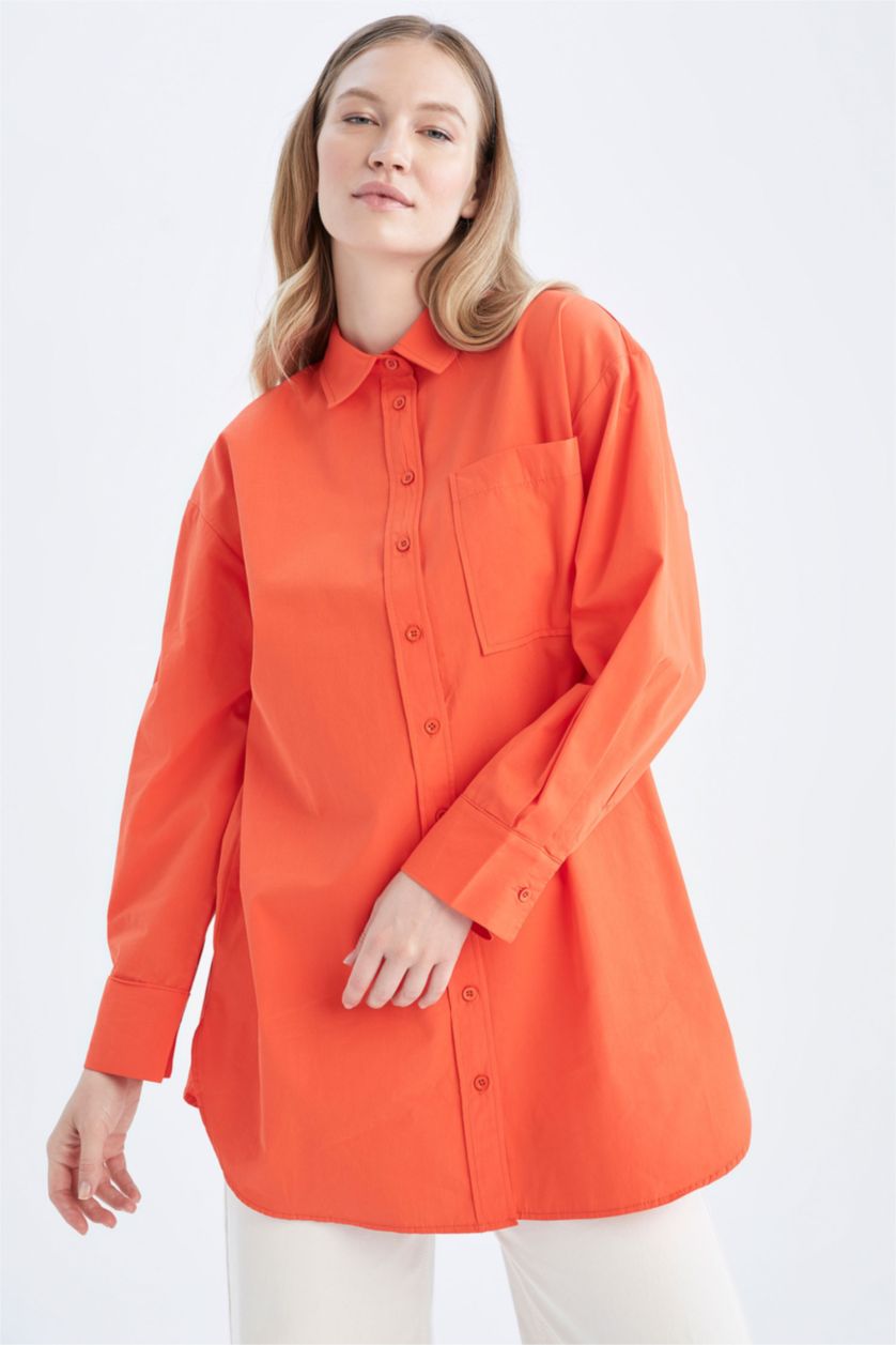 Жіночий Помаранчевий Туніка з довгим рукавом стандартного крою з коміром з довгим рукавом з попліну для жінок