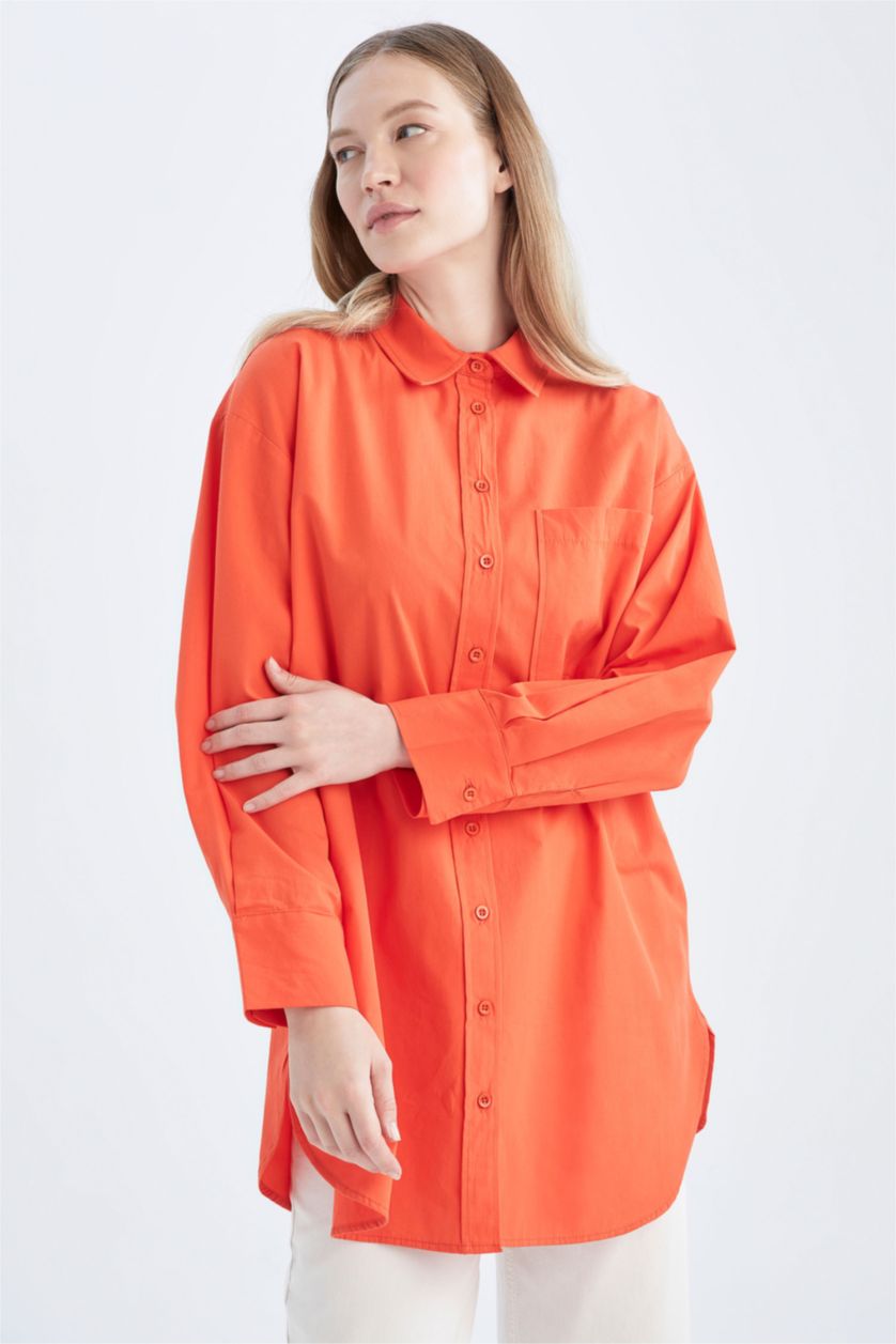 Жіночий Помаранчевий Туніка з довгим рукавом стандартного крою з коміром з довгим рукавом з попліну для жінок